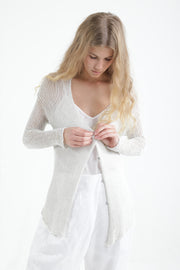 Broken White Blue Short Open knit Bamboo Cardigan with buttons
