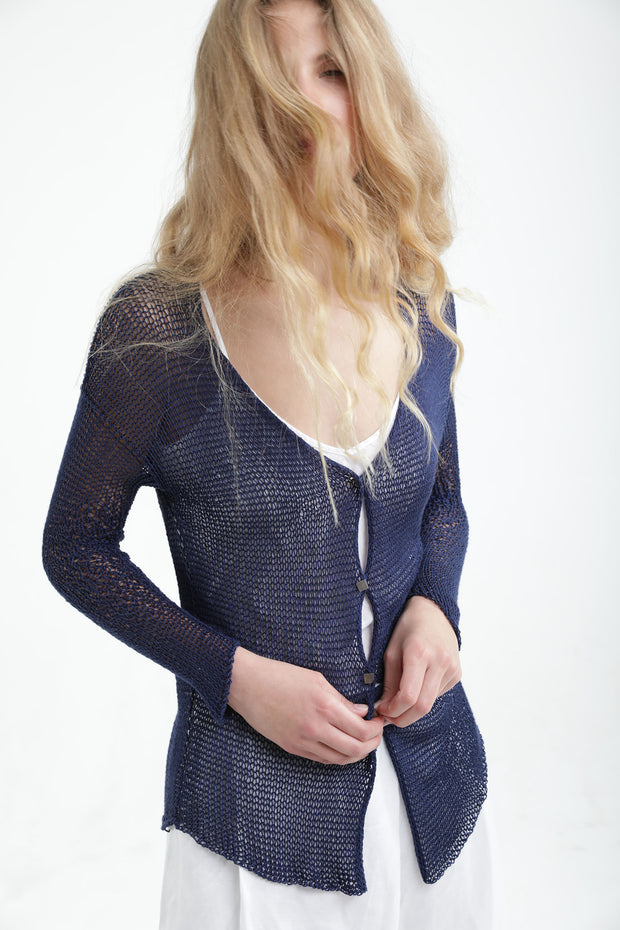 Indigo Navy Blue Short Open knit Bamboo Cardigan with buttons