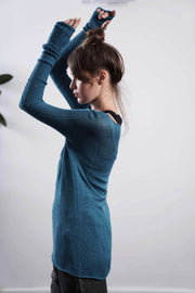 Baraka knitted Bamboo shirt with Long Sleeves - Turquoise / Dark Navy Blue / Peacock Blue