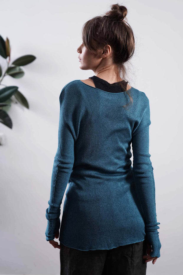 Baraka knitted Bamboo shirt with Long Sleeves - Turquoise / Dark Navy Blue / Peacock Blue