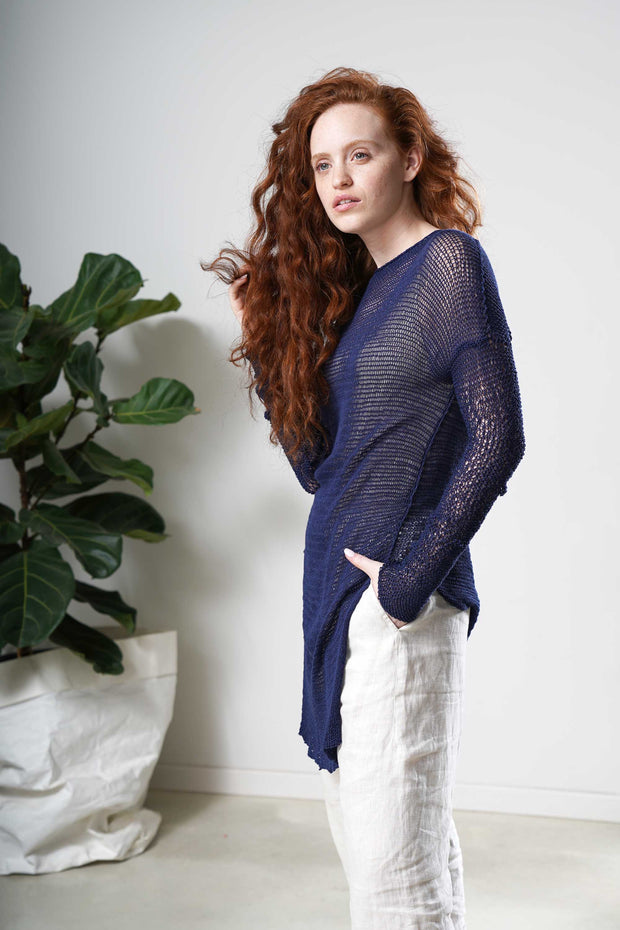 Loose knit sweater with side slits - Peacock blue