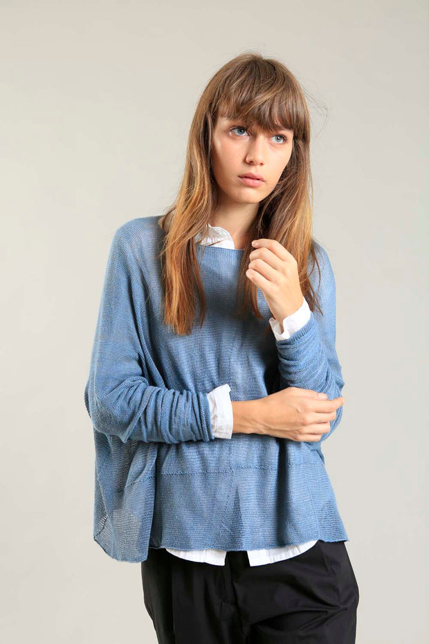 Dusty Blue boat neck Oversize knitted shirt with Long Sleeves