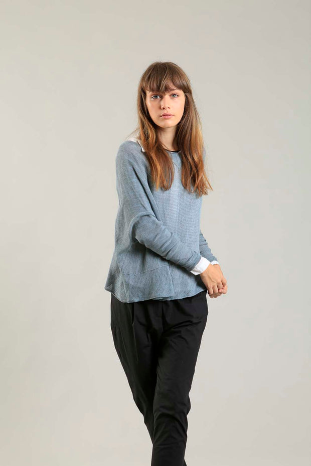 Fog Dusty Powder Blue boat neck Oversize knitted shirt with Long Sleeves