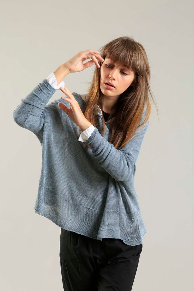 Fog Dusty Powder Blue boat neck Oversize knitted shirt with Long Sleeves