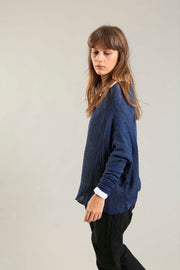Navy Blue Charcoal boat neck Oversize knitted shirt with Long Sleeves