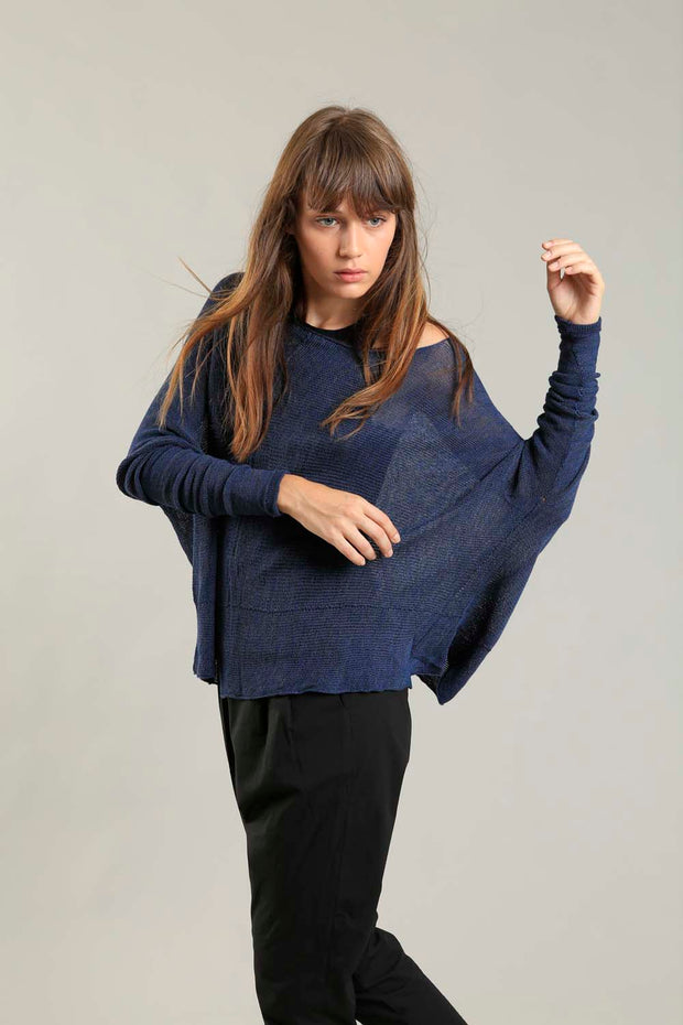 Navy Blue Charcoal boat neck Oversize knitted shirt with Long Sleeves
