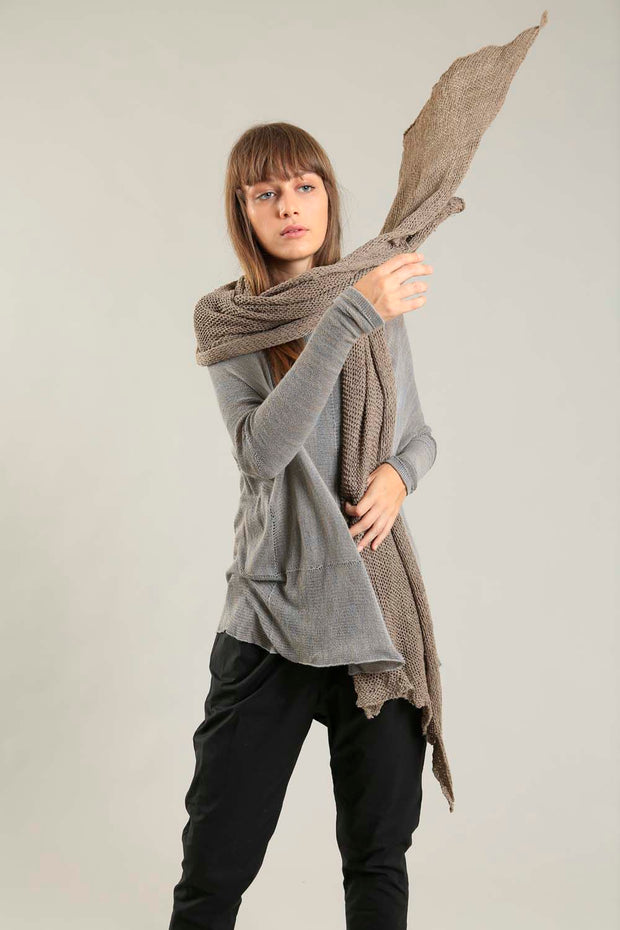 Open knit Cotton & Bamboo Prevo Scarf - Dark Taupe- Camel